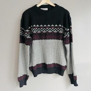 Vintage 80s Rob Winter Mens Nordic Fair Isle Sweater Gray Navy Maroon Size?